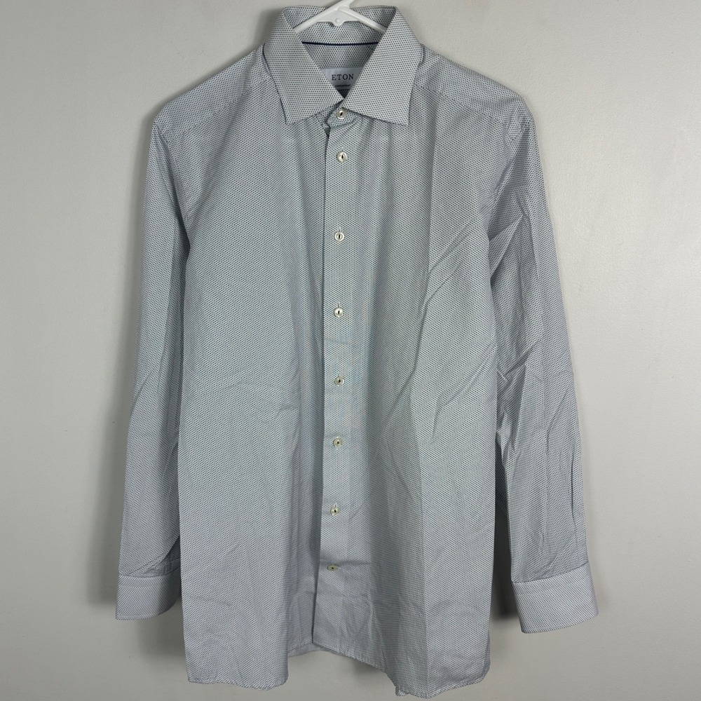 Eton White Grey Printed Poplin Cotton Shirt Long Sleeve Collared Mens 39 or 15.5
